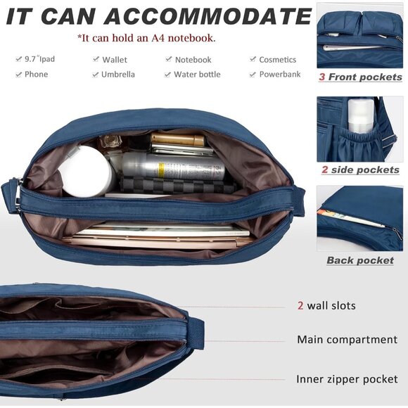 Women Dark Blue-l Nylon Water Resistant Anti Theft Travel Crossbody Shoulder Bag - Picture 4 of 7